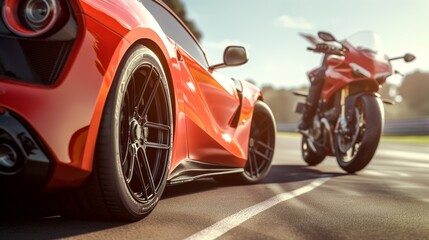 A red sport car and motorcycle standing Side by Side