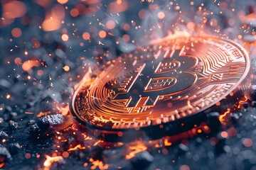 Dynamic graphics showing Bitcoin's skyrocketing value, Bitcoin's heat, coins burning. Generative AI.