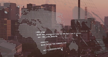 Image of world map and financial data processing over cityscape