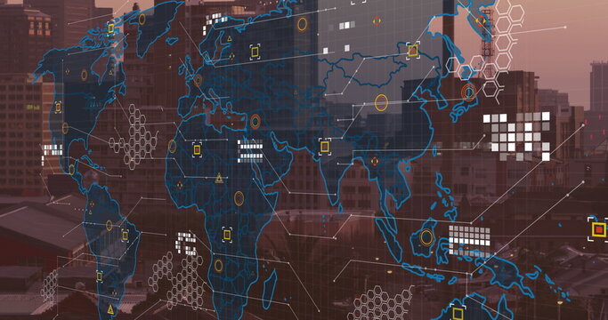 Image of world map and financial data processing over cityscape