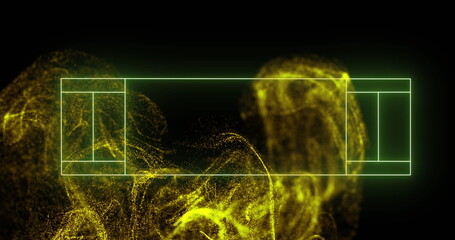 Image of sports court line markings over yellow particle cloud on black background