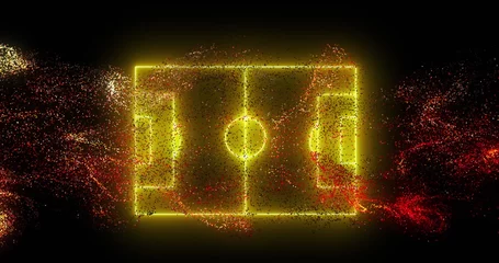 Poster Image of red digital wave over neon yellow soccer field layout against black background © vectorfusionart