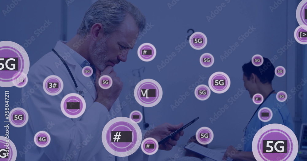 Poster image of network of connections with icons over caucasian male docto using smartphone