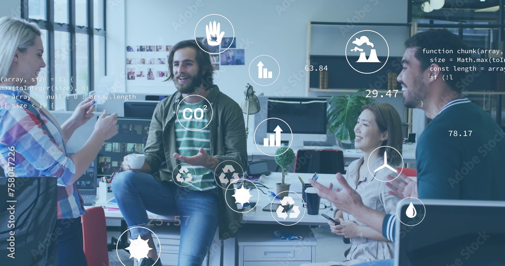 Poster image of icons and computer language over diverse coworkers discussing during tea break