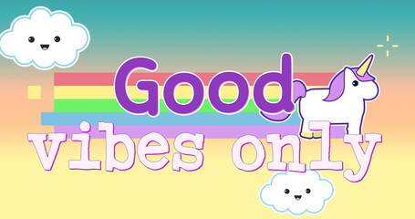 Digital image of a unicorn running across the screen while leaving behind a rainbow with a text that