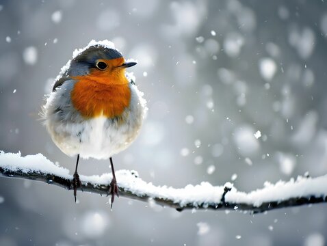 Plump robin in winter perched on a snowy branch