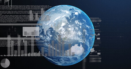 Image of statistics and financial data processing over globe