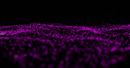 Purple light trail exploding over purple digital wave moving against black background
