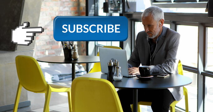 Digital composite of subscribe button with hand icon pointing towards it