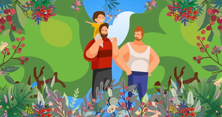 Image of gay couple with child over leaves and trees