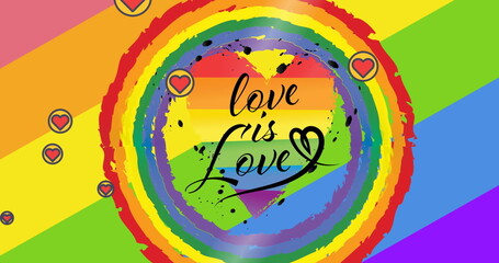 Image of love is love text and hearts with rainbow background