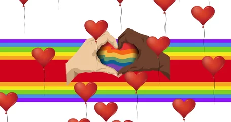Foto op Plexiglas Image of heart balloons over hands making rainbow heart on rainbow background © vectorfusionart
