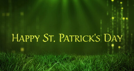 Image of grass over happy st patricks day text on green background