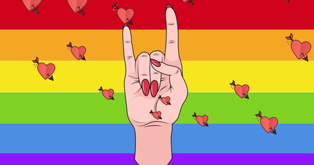 Image of hearts over hand icon on rainbow background