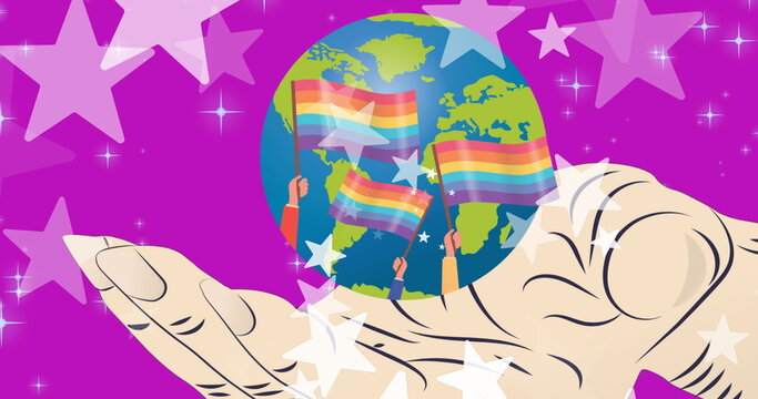 Naklejki Image of stars over rainbow flags and globe with hand on purple background