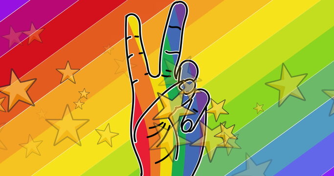Image of stars over rainbow hand on rainbow background - Powered by Adobe