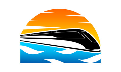 Train with sunset and sea illustration design vector