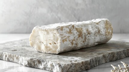 Artisan goat cheese log on a rustic stone board with soft light