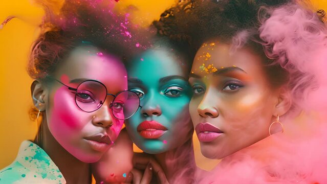 Three charming african american women with varied colored powder on their faces present an engaging and vibrant sight