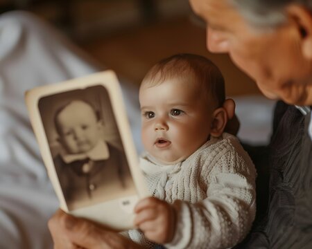 Dad showing baby old family photos mom narrating stories