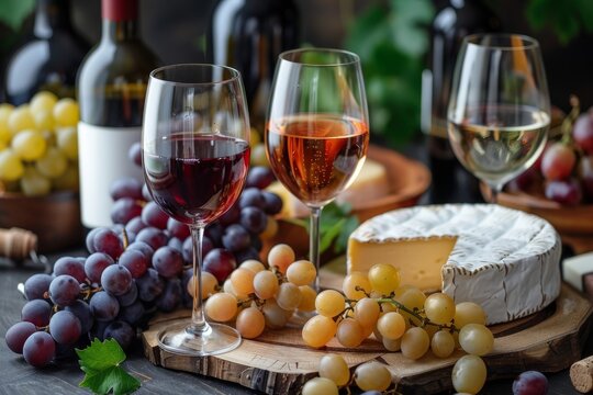Elegant wine and cheese tasting setup with grapes and bottles