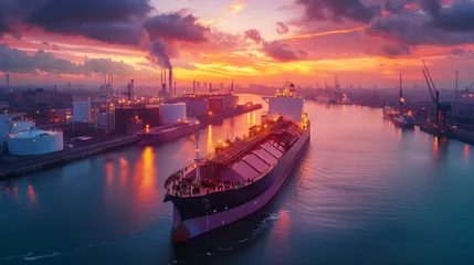 Fotobehang A large cargo ship, barges against the background of a beautiful sunset in the harbour © Alina Zavhorodnii