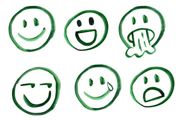 Emojis, different expressions. Illustration. Afraid, confused, happy, happy, vomiting, disgusted, gloomy, crazy, peaceful. Drawing hand marker pen. Brush isolated on white background. Green ink.