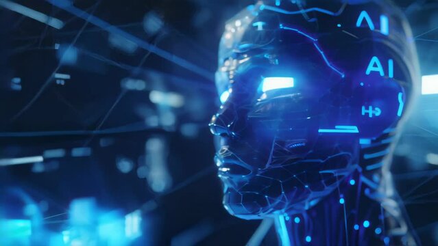 Artificial intelligence AI head with neon circuit patterns. Concept of machine learning and cyber technology