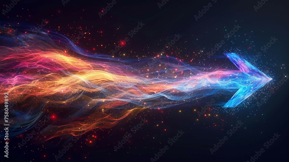 Poster digital arrow pointing right shaped by dynamic neon glowing lines in a dark background.