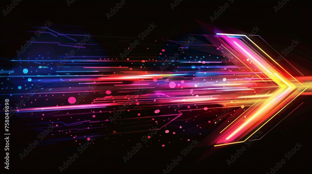 Poster digital arrow pointing right shaped by dynamic neon glowing lines in a dark background.