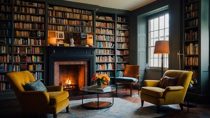 Fototapeta premium Cozy living room with fireplace, armchairs and bookshelves