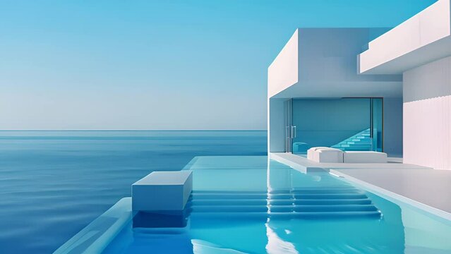 Minimalistic large swimming pool located right next to the ocean, offering a unique experience of swimming with breathtaking ocean views