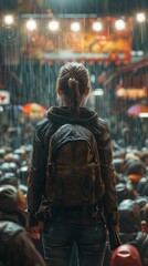 Obraz premium A Girl overlooking a bustling street scene from a distance Human rights activist pen