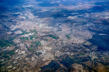 Aerial view of Santiago de Queretaro, a city in central Mexico. Panorama from airplane