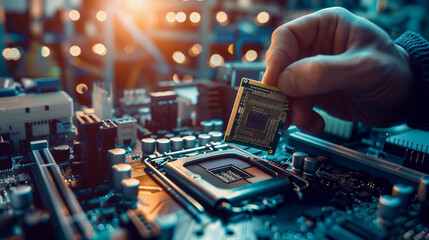 Fototapeta na wymiar Technician plug in CPU microprocessor to motherboard socket. Generative AI.