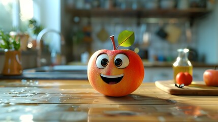 A cartoon apple with a big smile on its face. The apple is sitting on a table in a kitchen