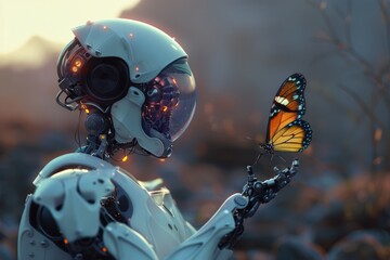 Fototapeta premium High-tech robot with a spherical head observes a butterfly on its outstretched hand, against a twilight backdrop