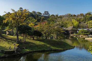 日本　滋賀県彦根市の大名庭園、玄宮園の魚躍沼と鶴鳴渚と彦根城の天守閣