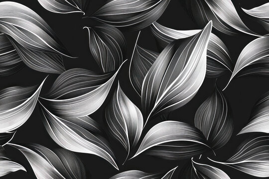 Abstract Leaves Chalk Lines Pattern, Monochrome, curvilinear shapes ,seamless repeating pattern.