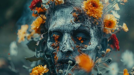 A zombie with wilted flowers in its hair on a hot day