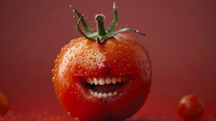 A tomato with a smile on its face and teeth