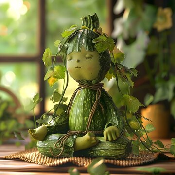 A cucumber is sitting on a wooden surface with a leafy green vine growing around it. The cucumber is smiling and he is meditating