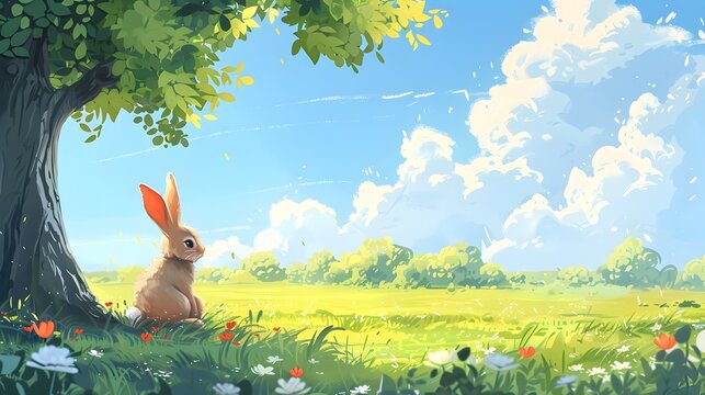 A rabbit is sitting in a grassy field next to a tree. The scene is peaceful and serene, with the rabbit looking up at the sky