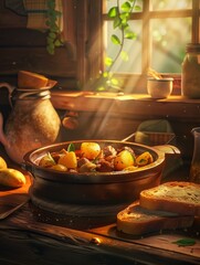 Delicious beef stew with potatoes and herbs, served in a rustic setting with toasted bread.