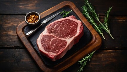 A close-up of a raw beef steak seasoned with spices and herbs ready for cooking