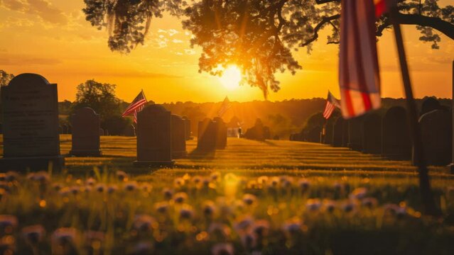 Cemetery at golden hour with American flags. Patriotic concept for Memorial Day and honor to the fallen soldiers