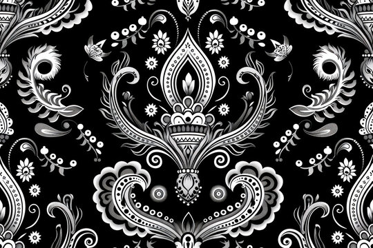 Regal Black and White Paisley, Crowns and lions motif, luxury and strength ,seamless repeating pattern.