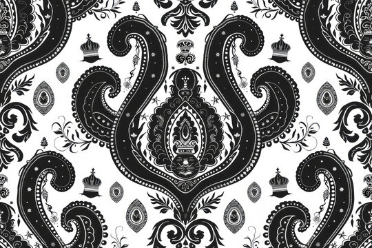 Regal Black and White Paisley, Crowns and lions motif, luxury and strength ,seamless repeating pattern.