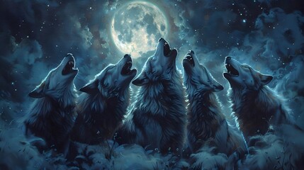 A group of dogs are standing around a large moon, howling at it - obrazy, fototapety, plakaty