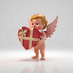 Valentine 3D cartoon cupid hold giftbox isolated on plain background
